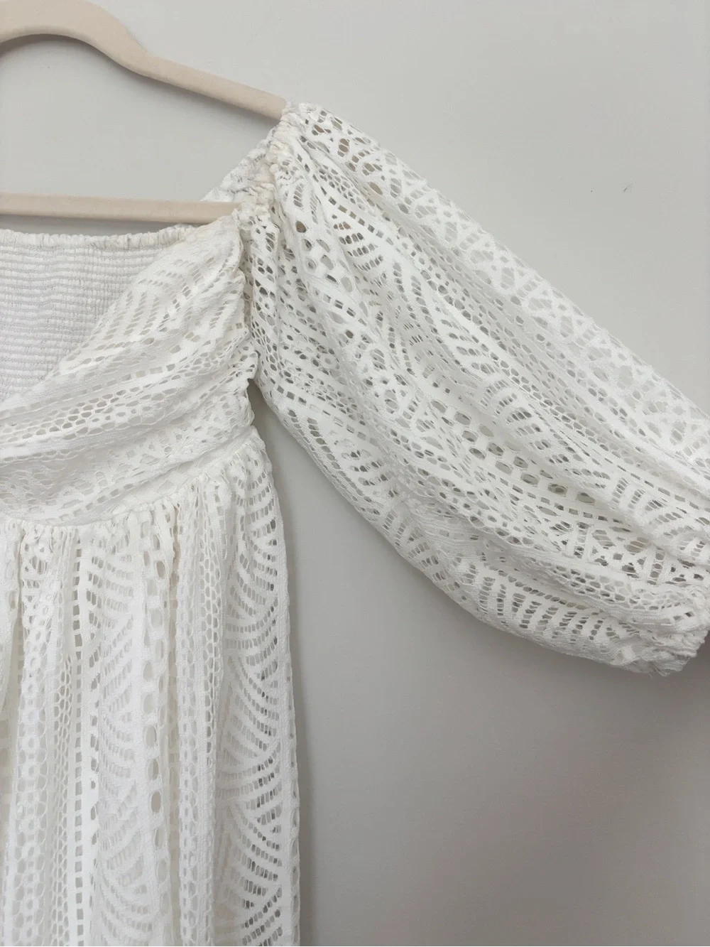 Free People White Emmy Lou Mini Dress Crochet Lace Puff Sleeve XS